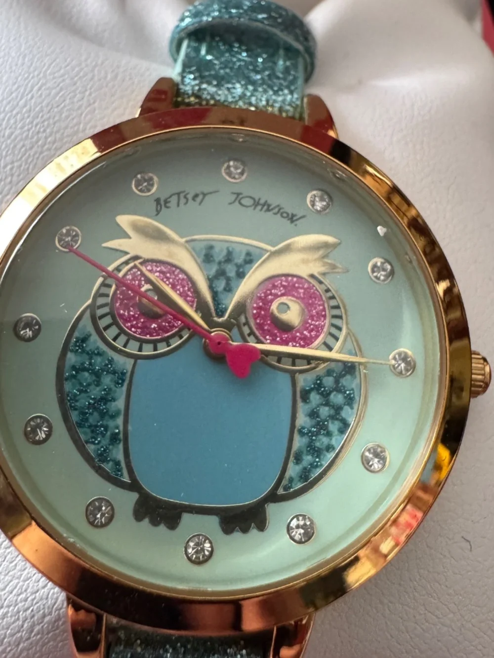 NIB Betsey Johnson Owl Dial watch w/gold-toned bezel and a teal leather band